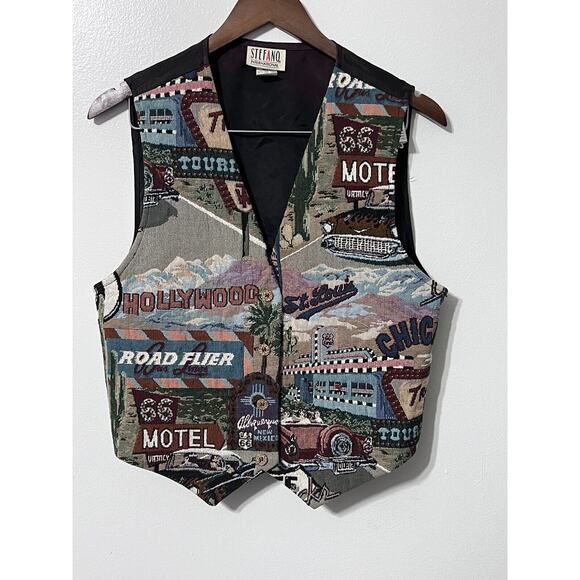 VTG 90s Tapestry Vest Unisex Large Route 66 Hot Rods Hollywood Travel USA - Picture 2 of 14